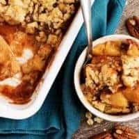 A top-down view of the finished dessert in a small bowl with a fork.