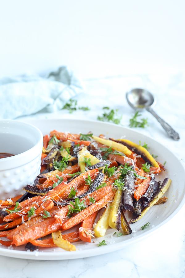 side view of colorful carrot fries