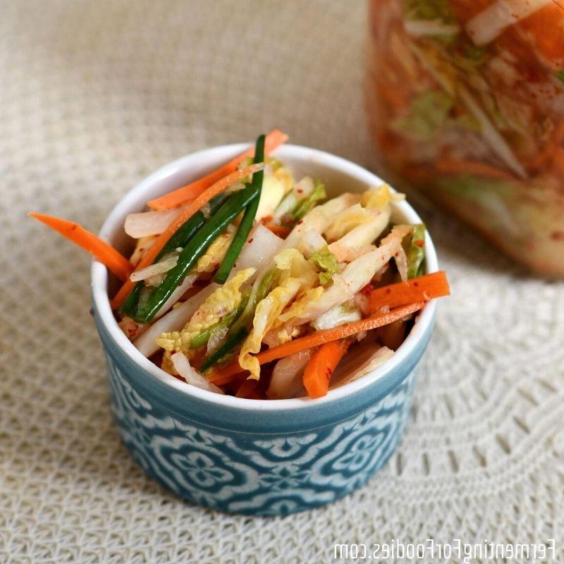 Simple and delicious vegan kimchi with daikon, napa cabbage and red pepper flakes