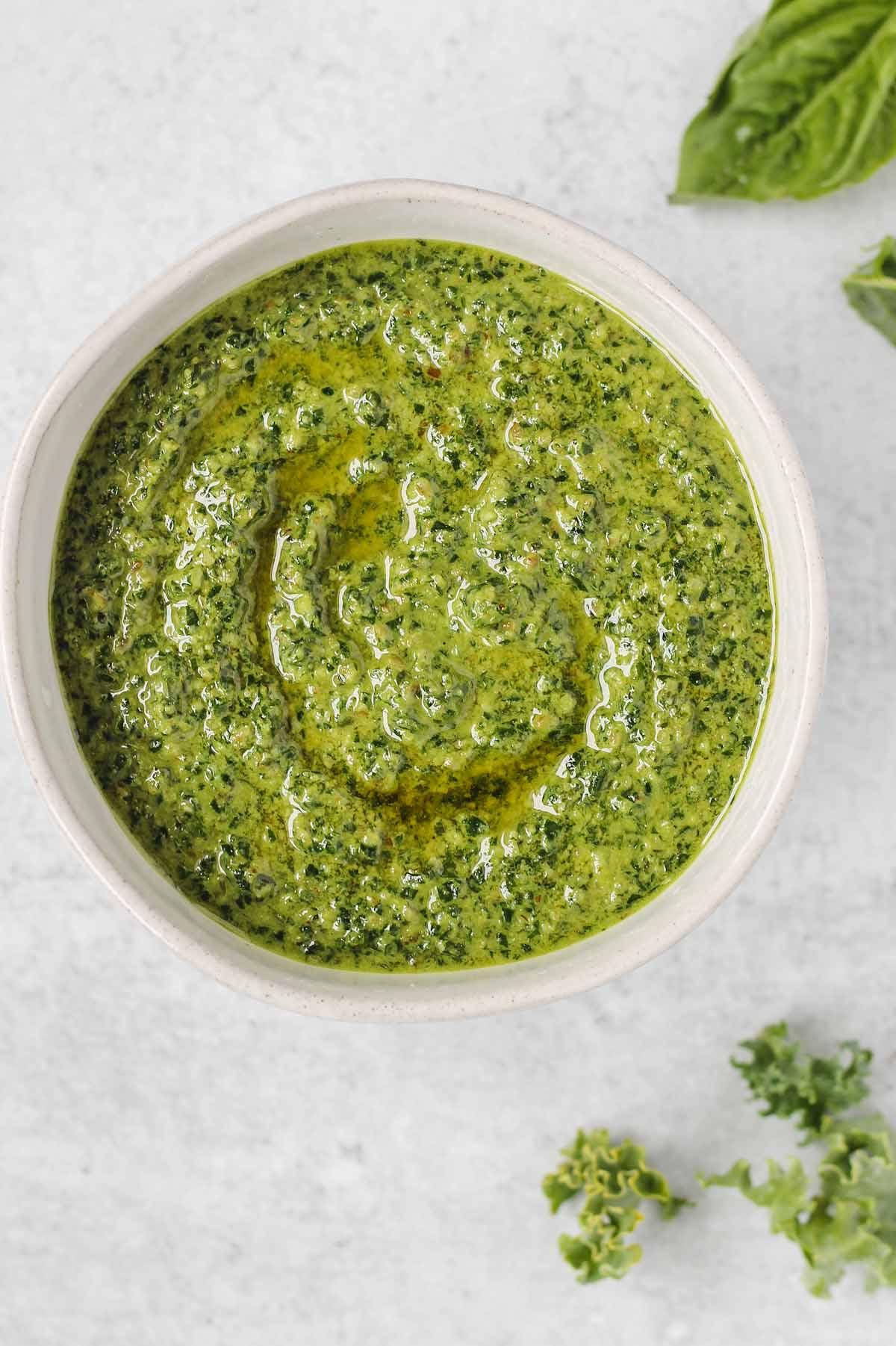 kale pesto sauce in a white bowl