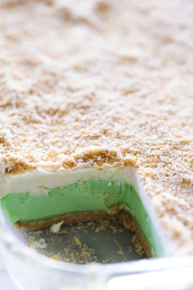 This Lime Sherbet Dessert is cool and refreshing. It has the most delicious soft cookie crust and is topped with sherbet and a homemade whipped topping. This dessert is perfect for a warm day!