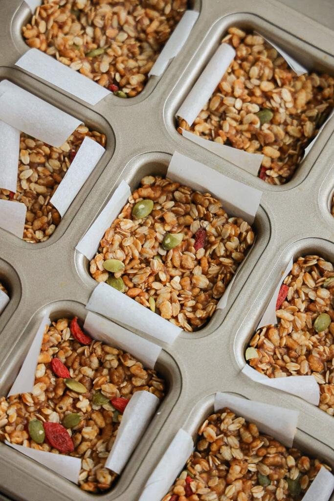A pan of healthy chew granola bars without nuts or sugar.