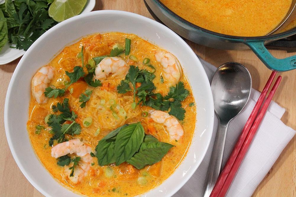 Red Curry Kabocha Squash Soup with Shrimp & Noodles | Souper Slurpable